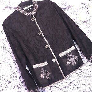 BLACK BEADED JACKET M Flashback 80s 90s Brocade Formal Prom Pockets Office Party